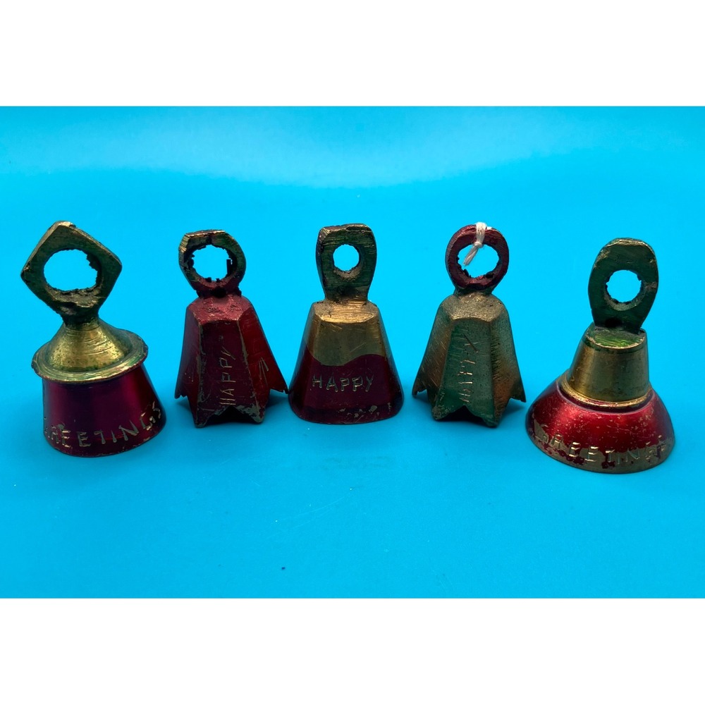 Vintage Brass Bells Set 5 OS Red Gold Happy Holiday Greetings Decor MCM